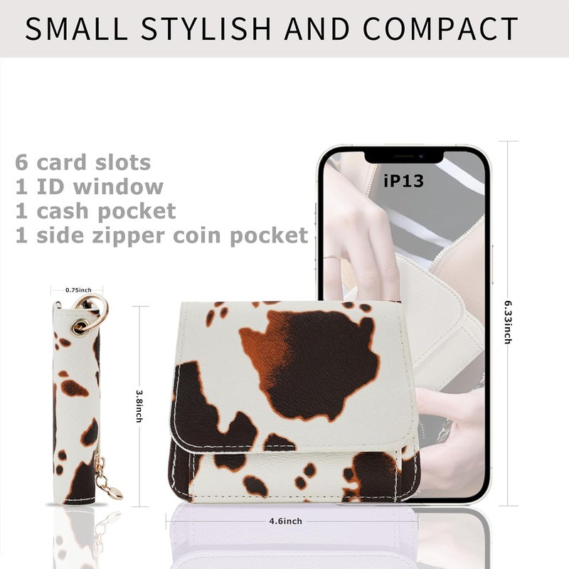 Sunpour Women Small Wallet RFID Blocking Slim Wallet with Coin Pocket Tri-Fold Credit Card Holder with ID Window and Keychain (Cow) - Image 2